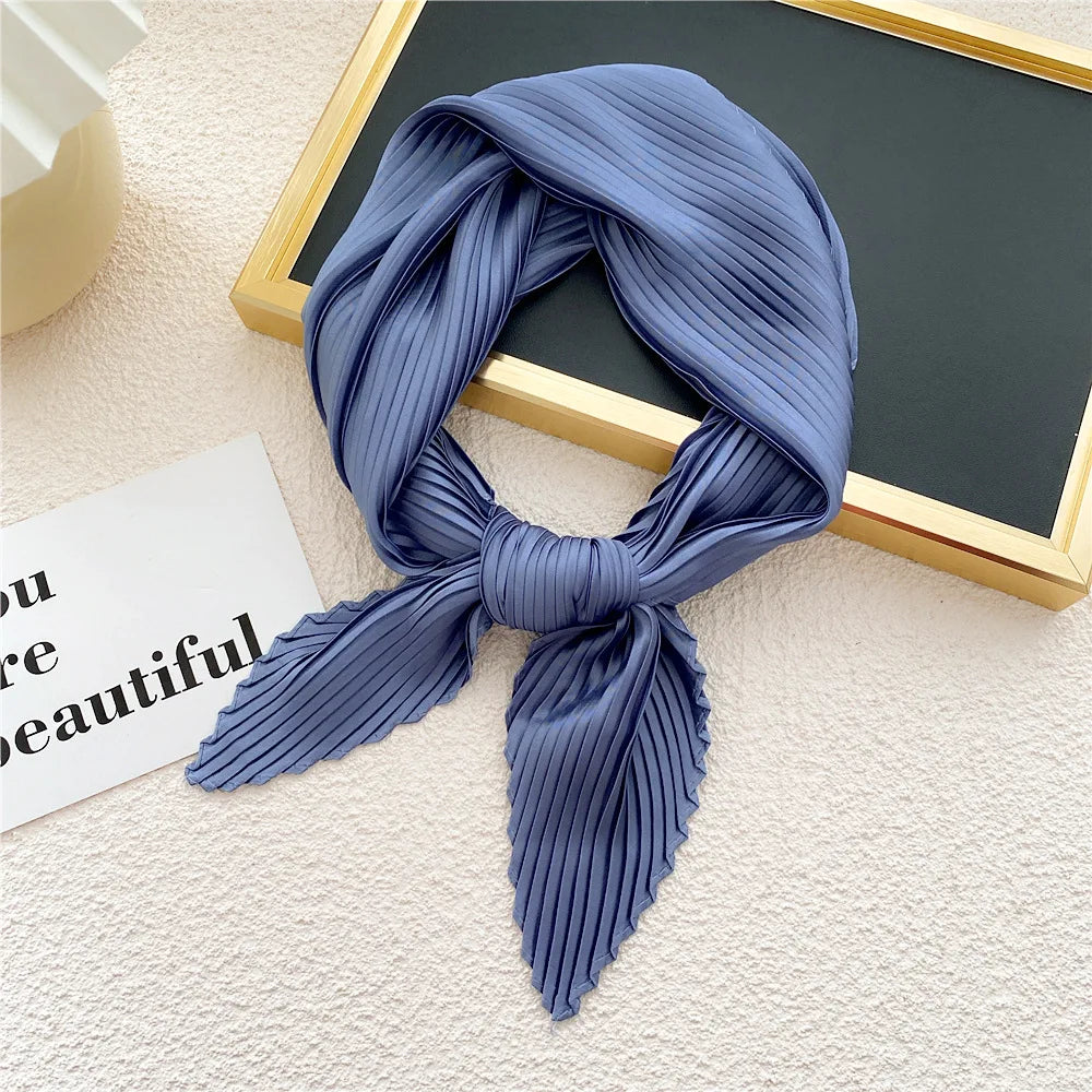 New Floral Print Pleated Silk Scarf Square Neck Scarves Crinkle Hair Bands Scarf Bandana Satin Hijab Head Wraps Neckerchief