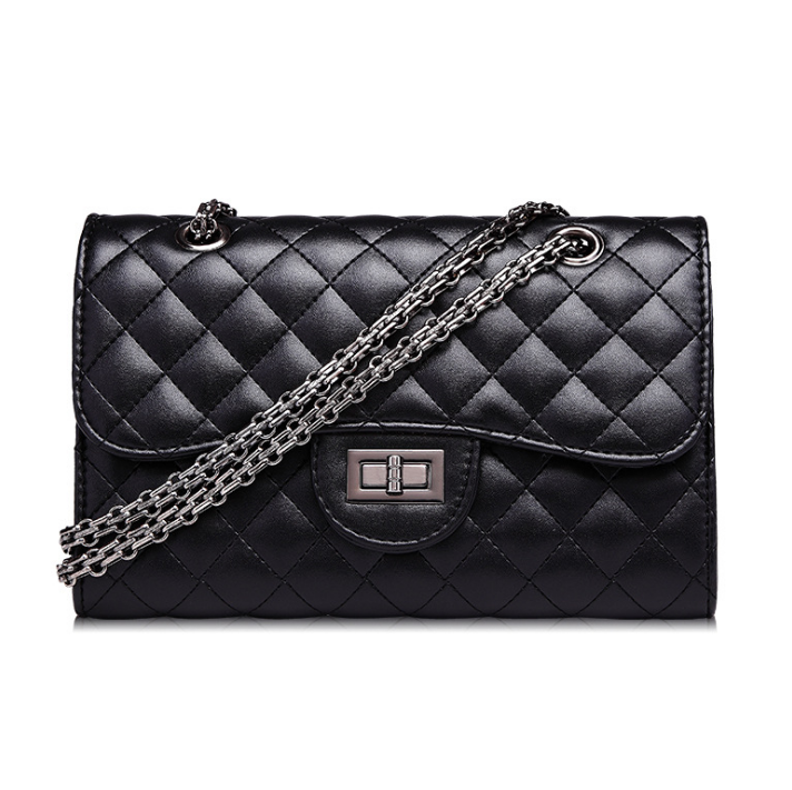 Women's Chain Strap Leather Shoulder Bag — Crossbody Messenger | Black