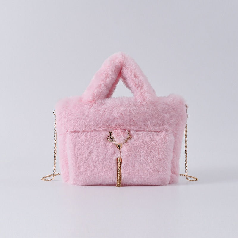 Faux Rabbit Fur Plush Handbag — Large Capacity Shoulder & Crossbody | Women