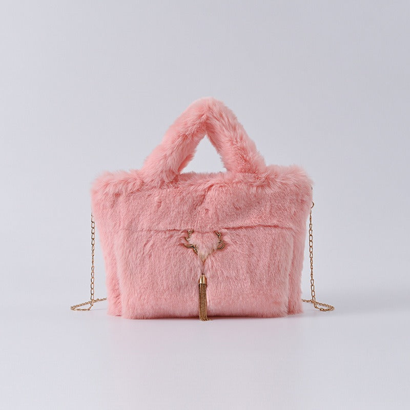 Faux Rabbit Fur Plush Handbag — Large Capacity Shoulder & Crossbody | Women