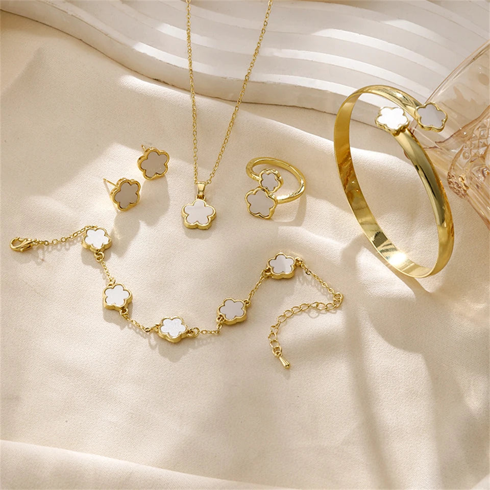 5pcs Lucky Five-petal Flower Women's Jewelry Set, Fashion Flower Bracelet + Necklace + Earrings + Bracelet + Ring, Birthday