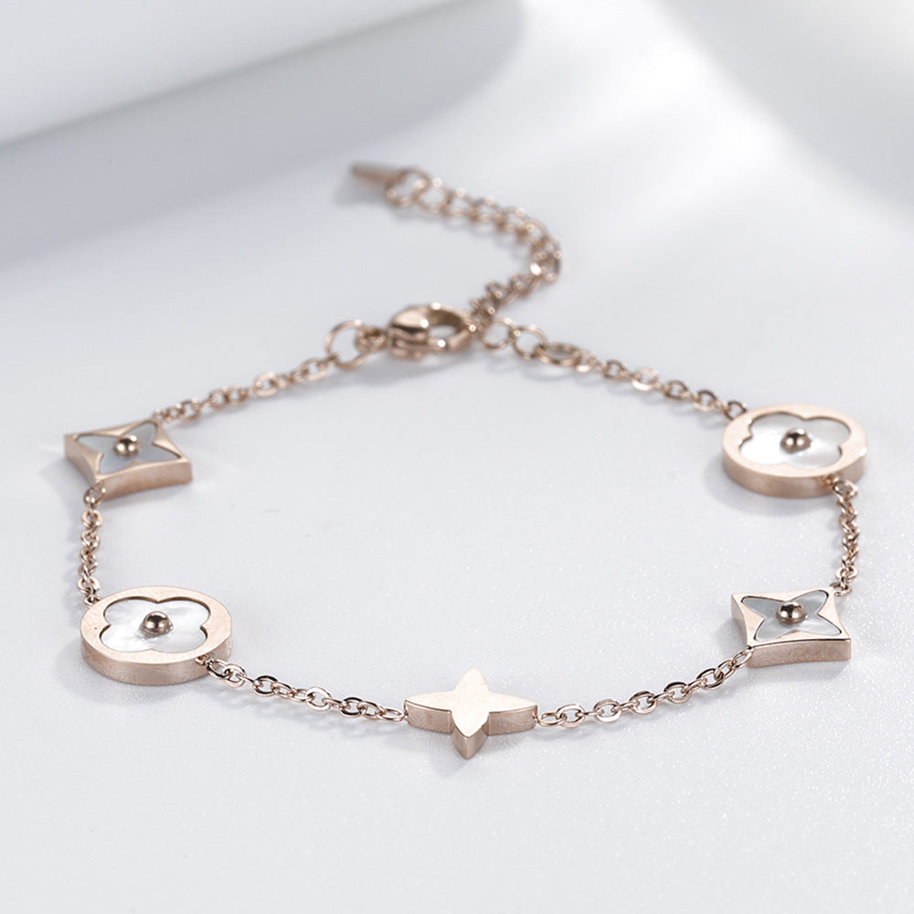 Four-Leaf Flower Shell Pendant Bracelet — Rose Gold Titanium Steel | Women