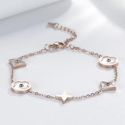 Four-Leaf Flower Shell Pendant Bracelet — Rose Gold Titanium Steel | Women