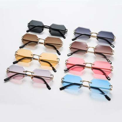 Rimless Octagon Sunglasses — Gold Metal UV400 Polygon Frame | Unisex