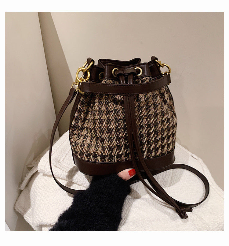 Cylindrical Mini Drawstring Crossbody Bag — Leopard & Houndstooth Retro Style | Women