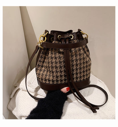 Cylindrical Mini Drawstring Crossbody Bag — Leopard & Houndstooth Retro Style | Women