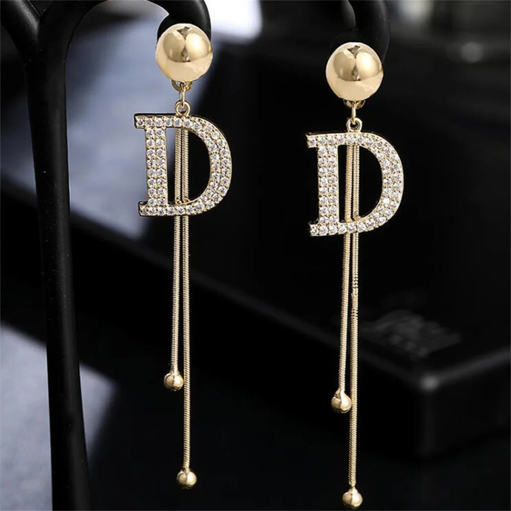 Elegant Gold Letter D Tassel Earrings - Crystal Bead Drop Earrings for Women