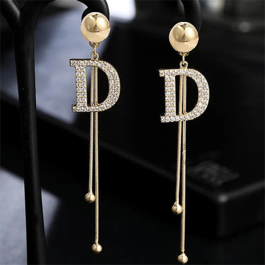 Elegant Gold Letter D Tassel Earrings - Crystal Bead Drop Earrings for Women