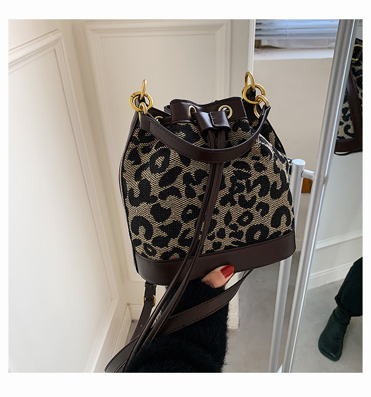 Cylindrical Mini Drawstring Crossbody Bag — Leopard & Houndstooth Retro Style | Women