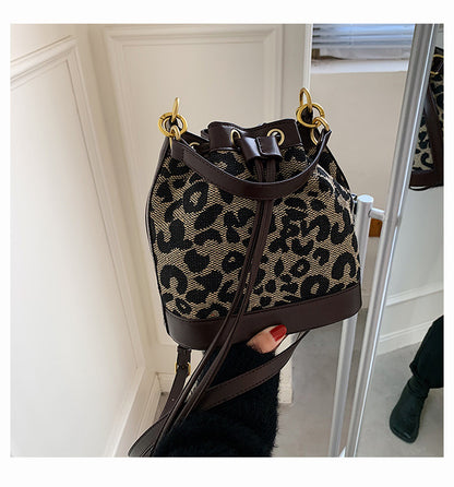 Cylindrical Mini Drawstring Crossbody Bag — Leopard & Houndstooth Retro Style | Women