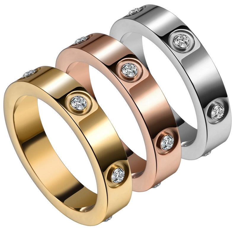 Zircon Inlaid Titanium Steel Ring — Geometric Diamond-Look | Women