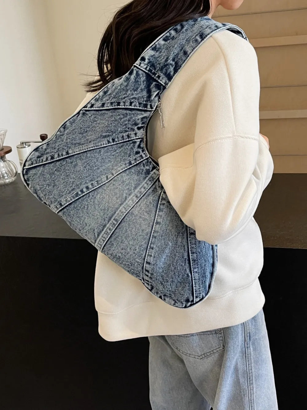 Crescent Shaped Denim Shoulder Bag — Half Moon Casual Crossbody | Women