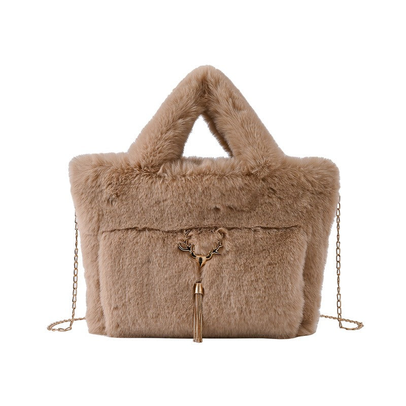 Faux Rabbit Fur Plush Handbag — Large Capacity Shoulder & Crossbody | Women