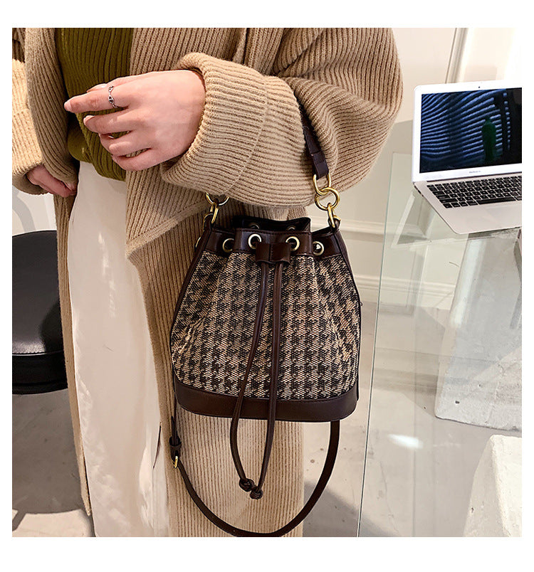 Cylindrical Mini Drawstring Crossbody Bag — Leopard & Houndstooth Retro Style | Women