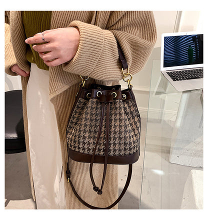 Cylindrical Mini Drawstring Crossbody Bag — Leopard & Houndstooth Retro Style | Women