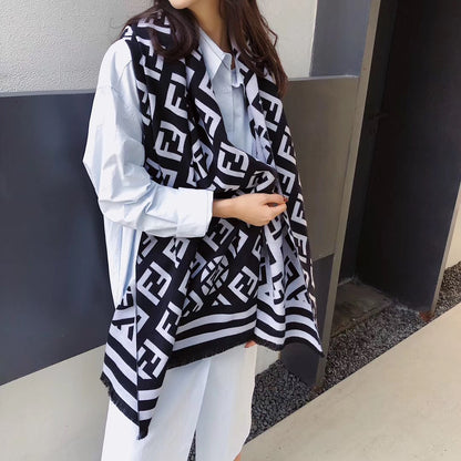 Letters Print Cotton Twill Scarf — Thick Warm Shawl | Women