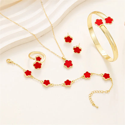 5pcs Lucky Five-petal Flower Women's Jewelry Set, Fashion Flower Bracelet + Necklace + Earrings + Bracelet + Ring, Birthday