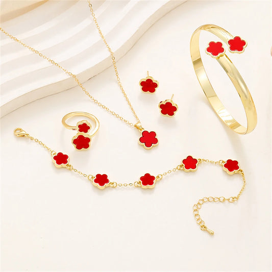 5pcs Lucky Five-petal Flower Women's Jewelry Set, Fashion Flower Bracelet + Necklace + Earrings + Bracelet + Ring, Birthday