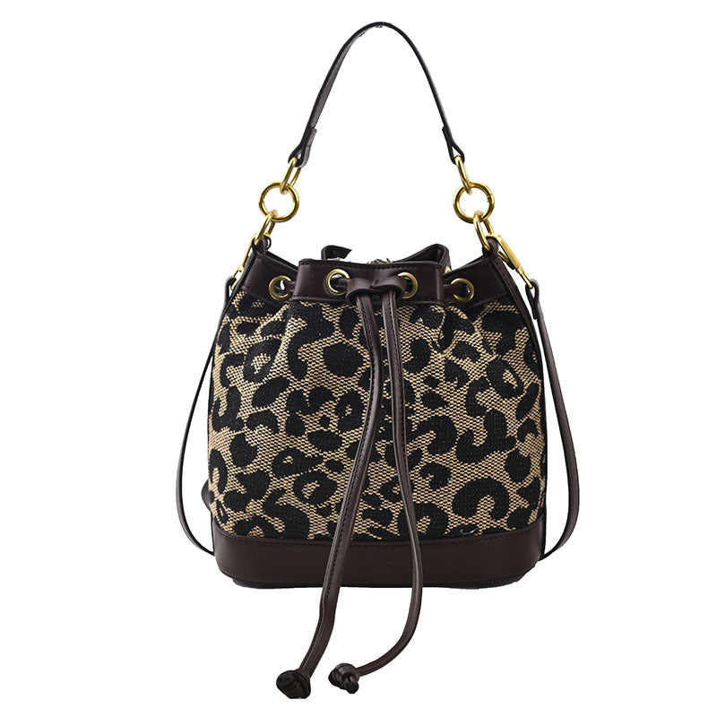 Cylindrical Mini Drawstring Crossbody Bag — Leopard & Houndstooth Retro Style | Women