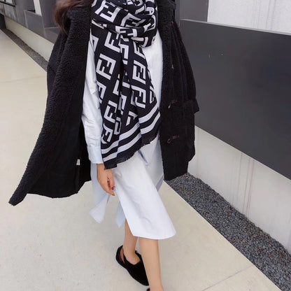 Letters Print Cotton Twill Scarf — Thick Warm Shawl | Women