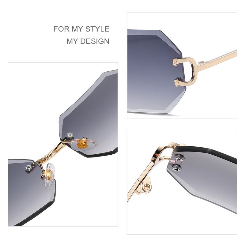 Rimless Octagon Sunglasses — Gold Metal UV400 Polygon Frame | Unisex