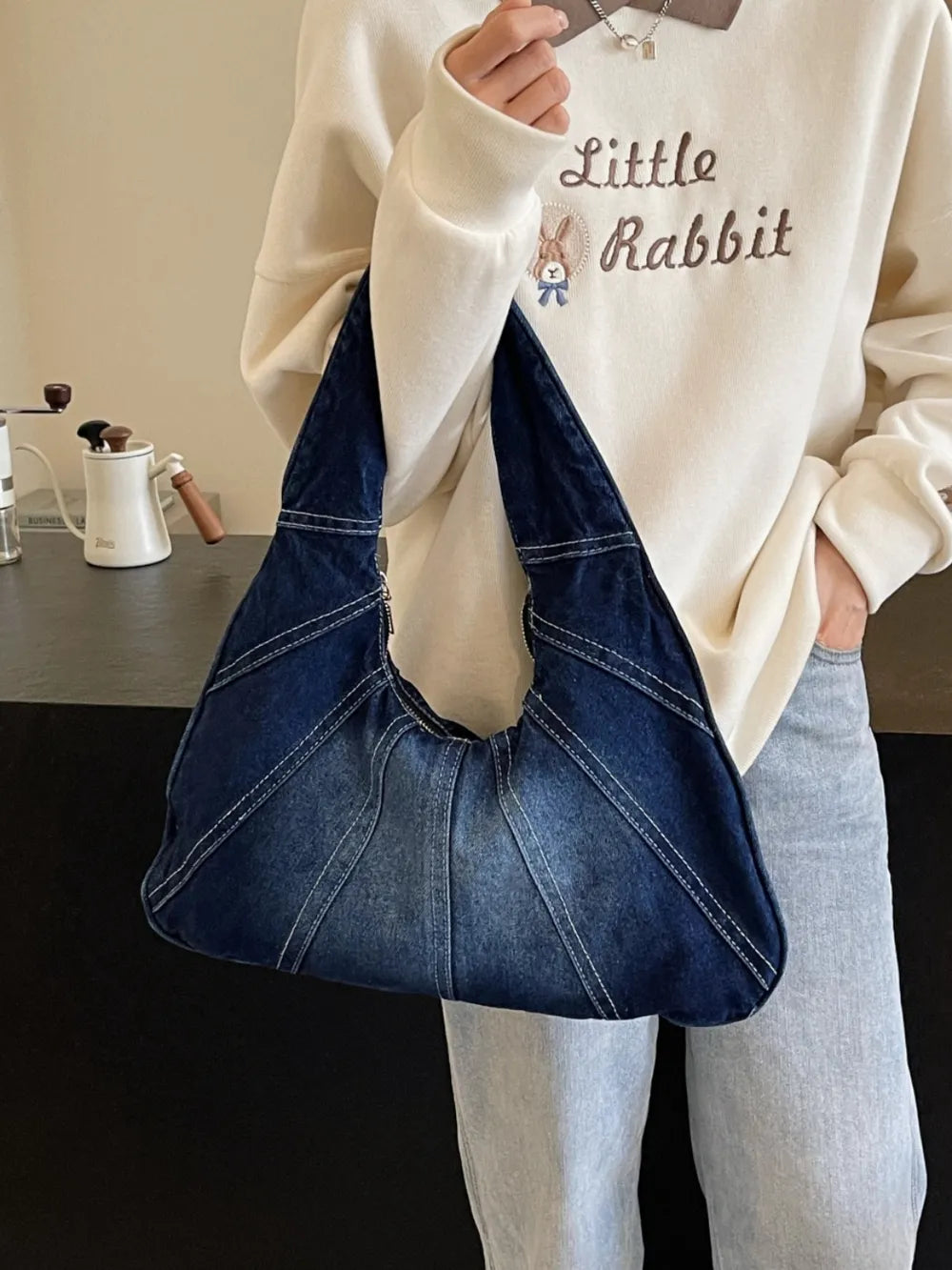 Crescent Shaped Denim Shoulder Bag — Half Moon Casual Crossbody | Women