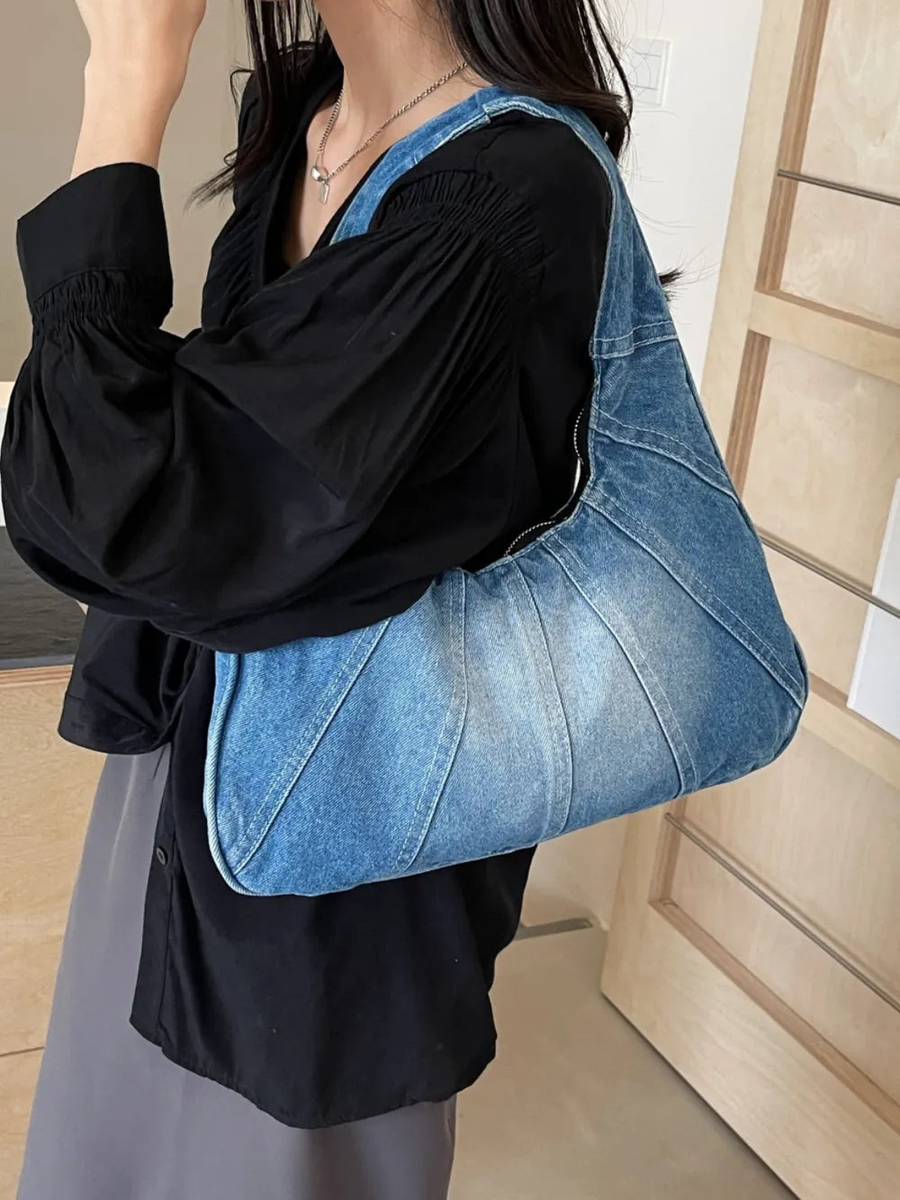 Crescent Shaped Denim Shoulder Bag — Half Moon Casual Crossbody | Women
