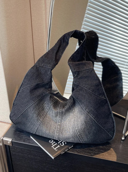 Crescent Shaped Denim Shoulder Bag — Half Moon Casual Crossbody | Women