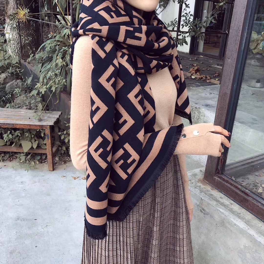 Letters Print Cotton Twill Scarf — Thick Warm Shawl | Women