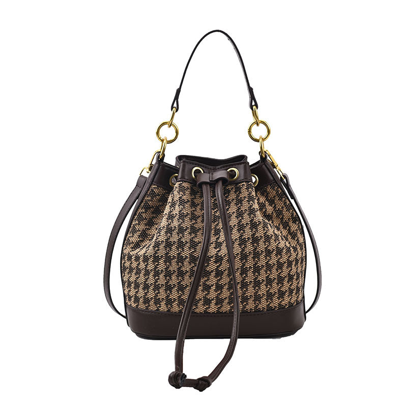 Cylindrical Mini Drawstring Crossbody Bag — Leopard & Houndstooth Retro Style | Women
