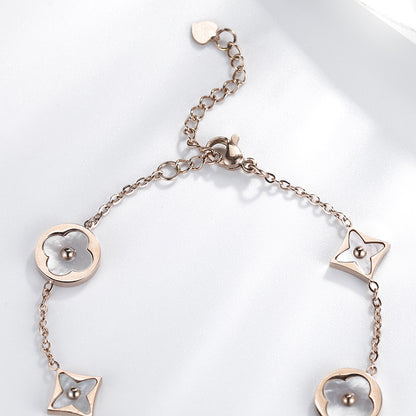 Four-Leaf Flower Shell Pendant Bracelet — Rose Gold Titanium Steel | Women