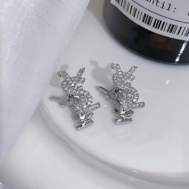 Luxurious French-style Classic Gold Plated Women's Stud Earrings Copper Zircon Stones Double-sided Letters-Trendy Party Gift