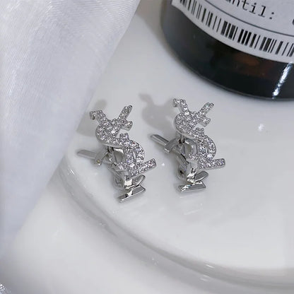 Luxurious French-style Classic Gold Plated Women's Stud Earrings Copper Zircon Stones Double-sided Letters-Trendy Party Gift