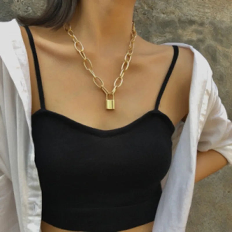New Simple Fashion Metal Lock Pendants Punk Necklaces for Women Gold Color Hollow Pendant Chain Personality Gothic Neck Jewelry