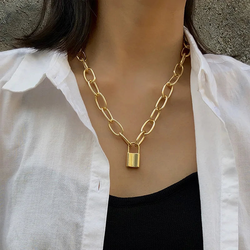 New Simple Fashion Metal Lock Pendants Punk Necklaces for Women Gold Color Hollow Pendant Chain Personality Gothic Neck Jewelry