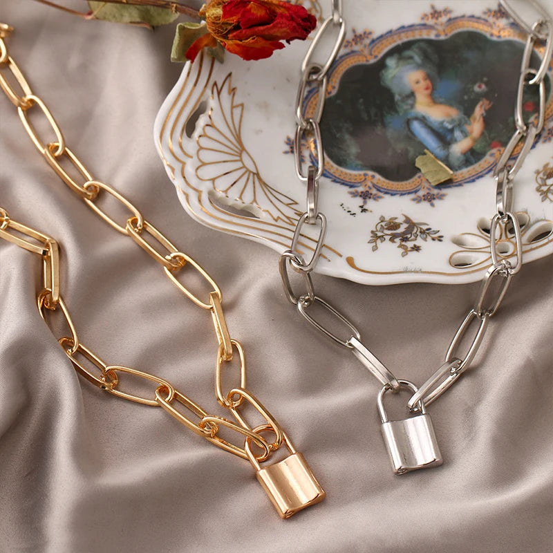 New Simple Fashion Metal Lock Pendants Punk Necklaces for Women Gold Color Hollow Pendant Chain Personality Gothic Neck Jewelry