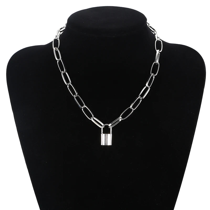 New Simple Fashion Metal Lock Pendants Punk Necklaces for Women Gold Color Hollow Pendant Chain Personality Gothic Neck Jewelry