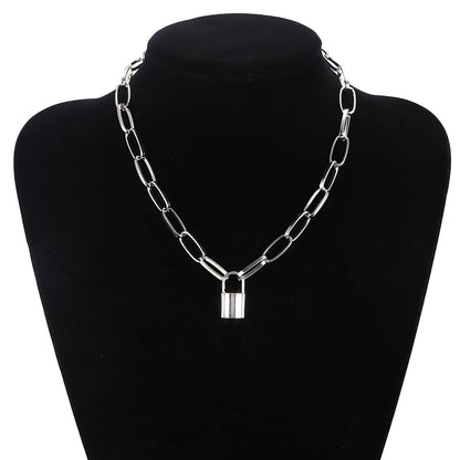 New Simple Fashion Metal Lock Pendants Punk Necklaces for Women Gold Color Hollow Pendant Chain Personality Gothic Neck Jewelry