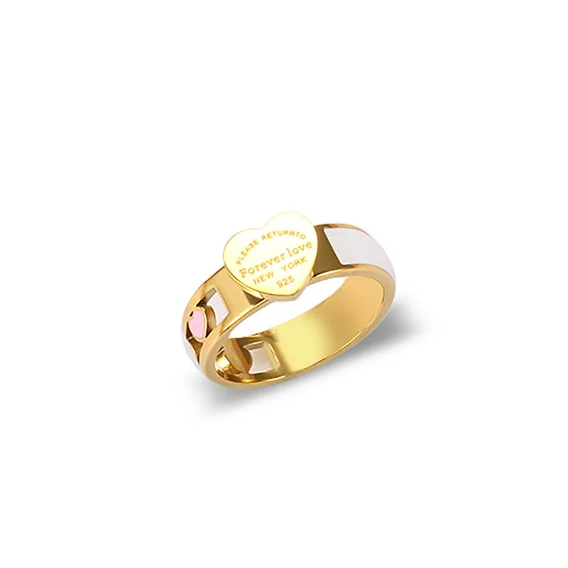 Fashion Hollow Colorful Heart Rings Stainless Steel Big Heart Tag White Shell Ring For Women Girls Female Men Wedding Jewelry