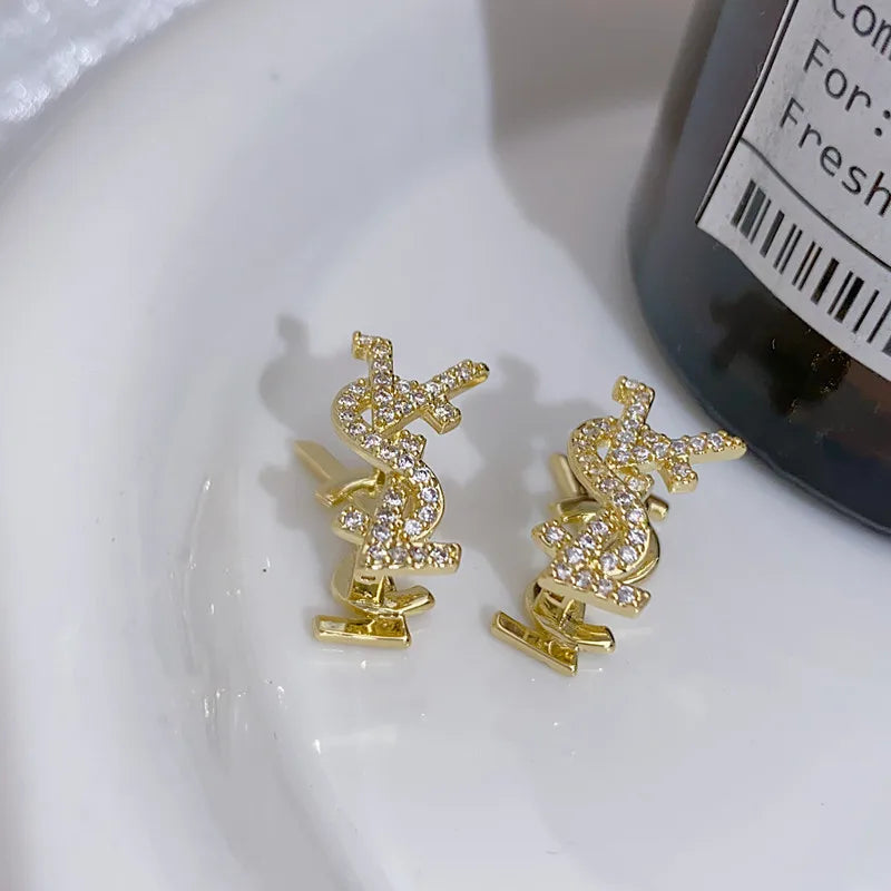 Luxurious French-style Classic Gold Plated Women's Stud Earrings Copper Zircon Stones Double-sided Letters-Trendy Party Gift