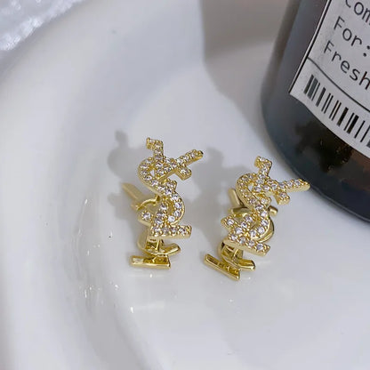 Luxurious French-style Classic Gold Plated Women's Stud Earrings Copper Zircon Stones Double-sided Letters-Trendy Party Gift