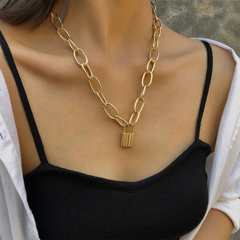 New Simple Fashion Metal Lock Pendants Punk Necklaces for Women Gold Color Hollow Pendant Chain Personality Gothic Neck Jewelry