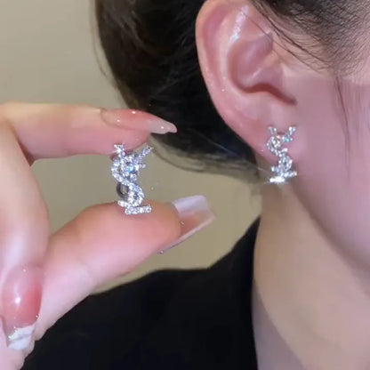 Luxurious French-style Classic Gold Plated Women's Stud Earrings Copper Zircon Stones Double-sided Letters-Trendy Party Gift