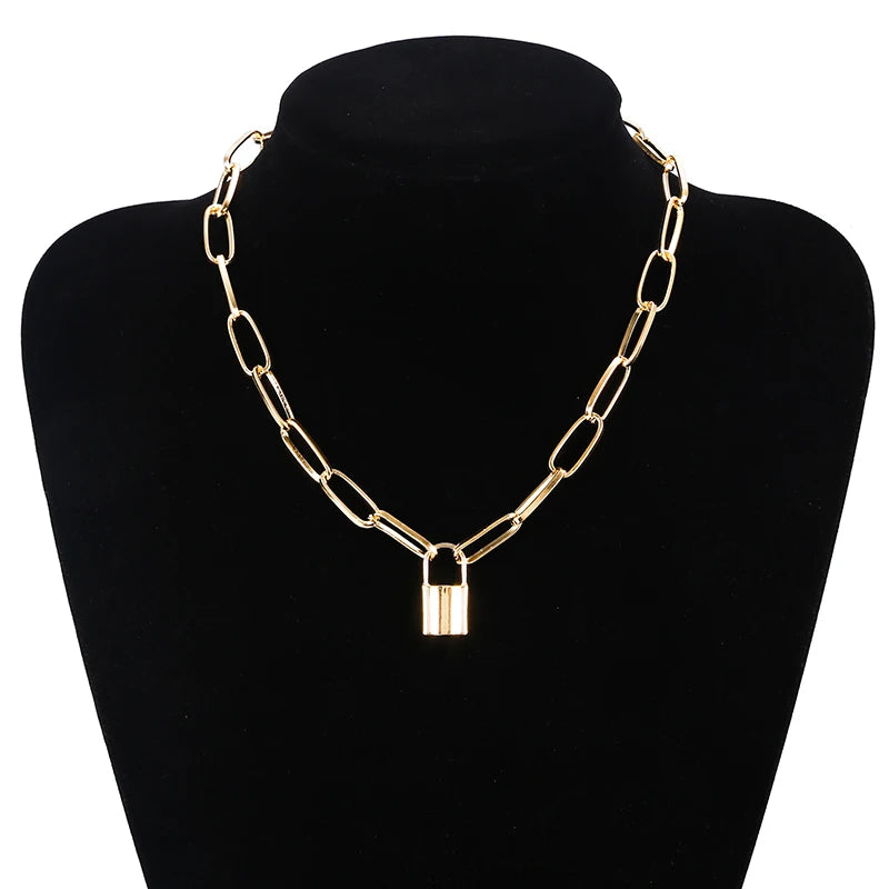 New Simple Fashion Metal Lock Pendants Punk Necklaces for Women Gold Color Hollow Pendant Chain Personality Gothic Neck Jewelry