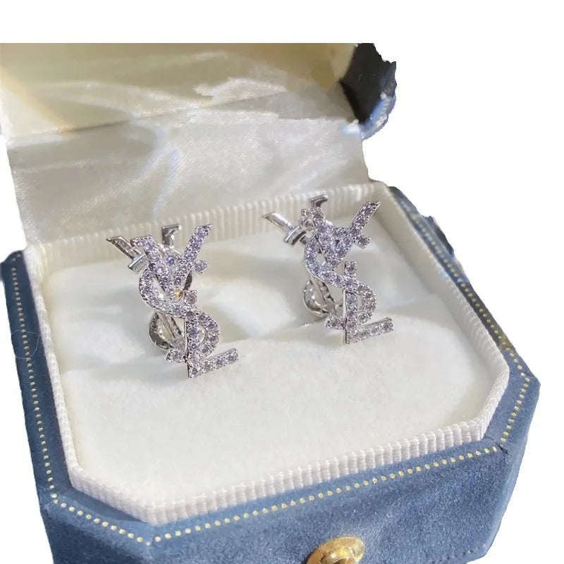 Luxurious French-style Classic Gold Plated Women's Stud Earrings Copper Zircon Stones Double-sided Letters-Trendy Party Gift