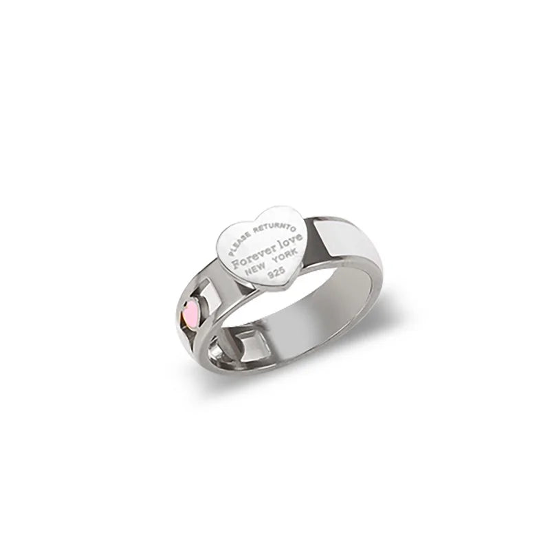 Fashion Hollow Colorful Heart Rings Stainless Steel Big Heart Tag White Shell Ring For Women Girls Female Men Wedding Jewelry
