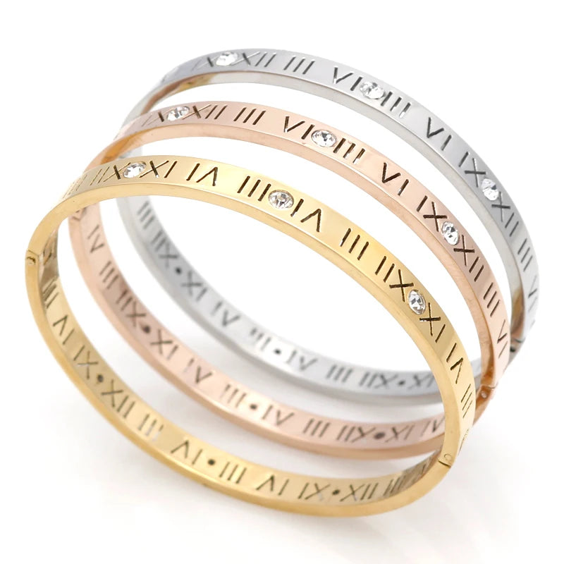 Zircon Roman Numerals Bangle — 4mm & 6mm Oval Cuff | Women