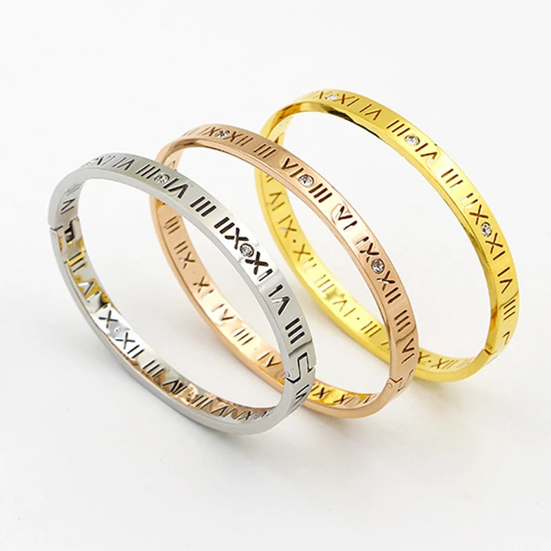 Zircon Roman Numerals Bangle — 4mm & 6mm Oval Cuff | Women