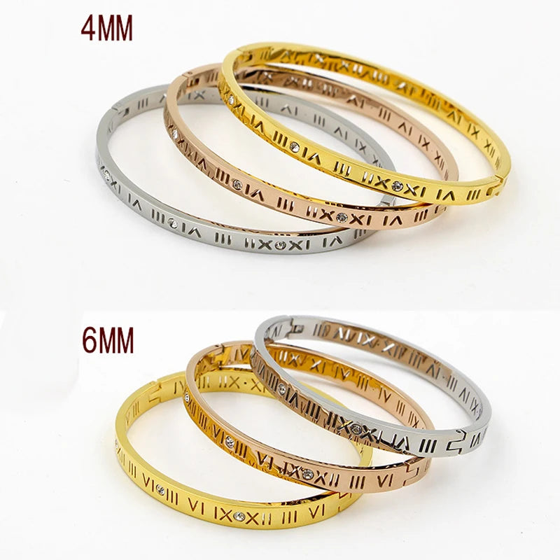 Zircon Roman Numerals Bangle — 4mm & 6mm Oval Cuff | Women