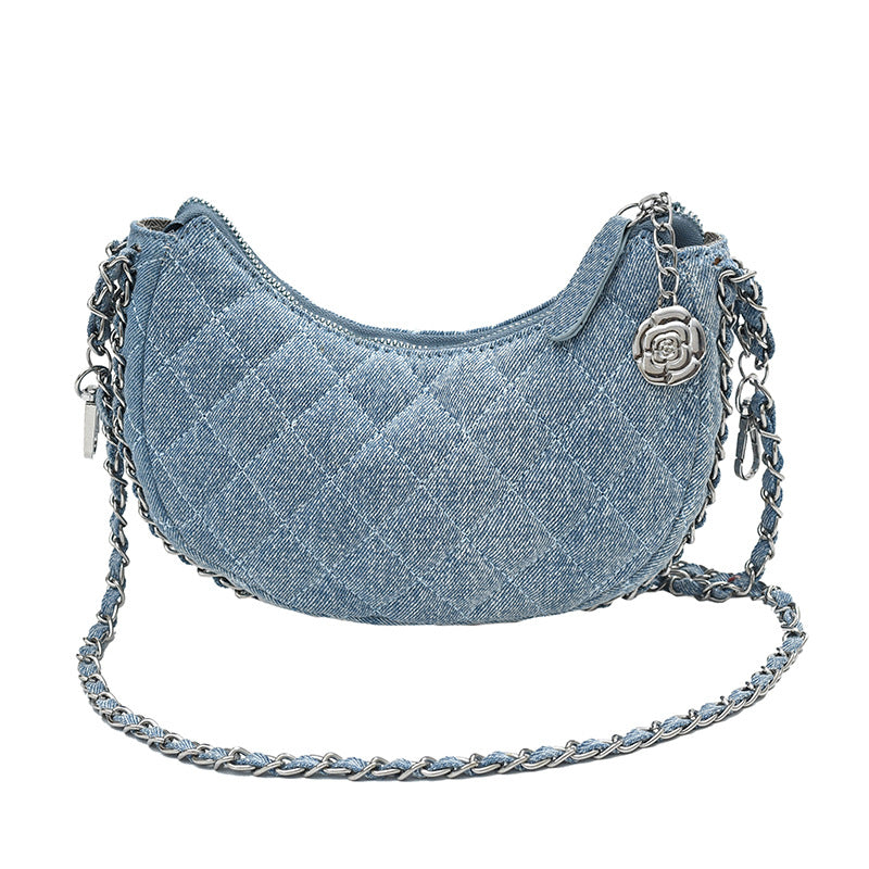 High-Grade Denim Rhombic Chain Crossbody Bag — Quilted Dumpling Style | Women